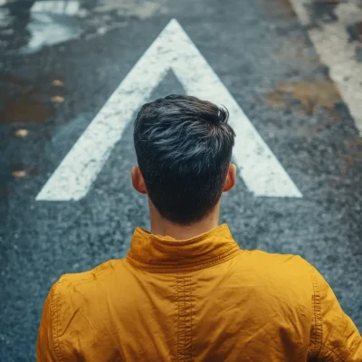 Man in yellow jacket standing on road with directional arrow symbolizing guidance and future opportunities, urban setting, casual street fashion.